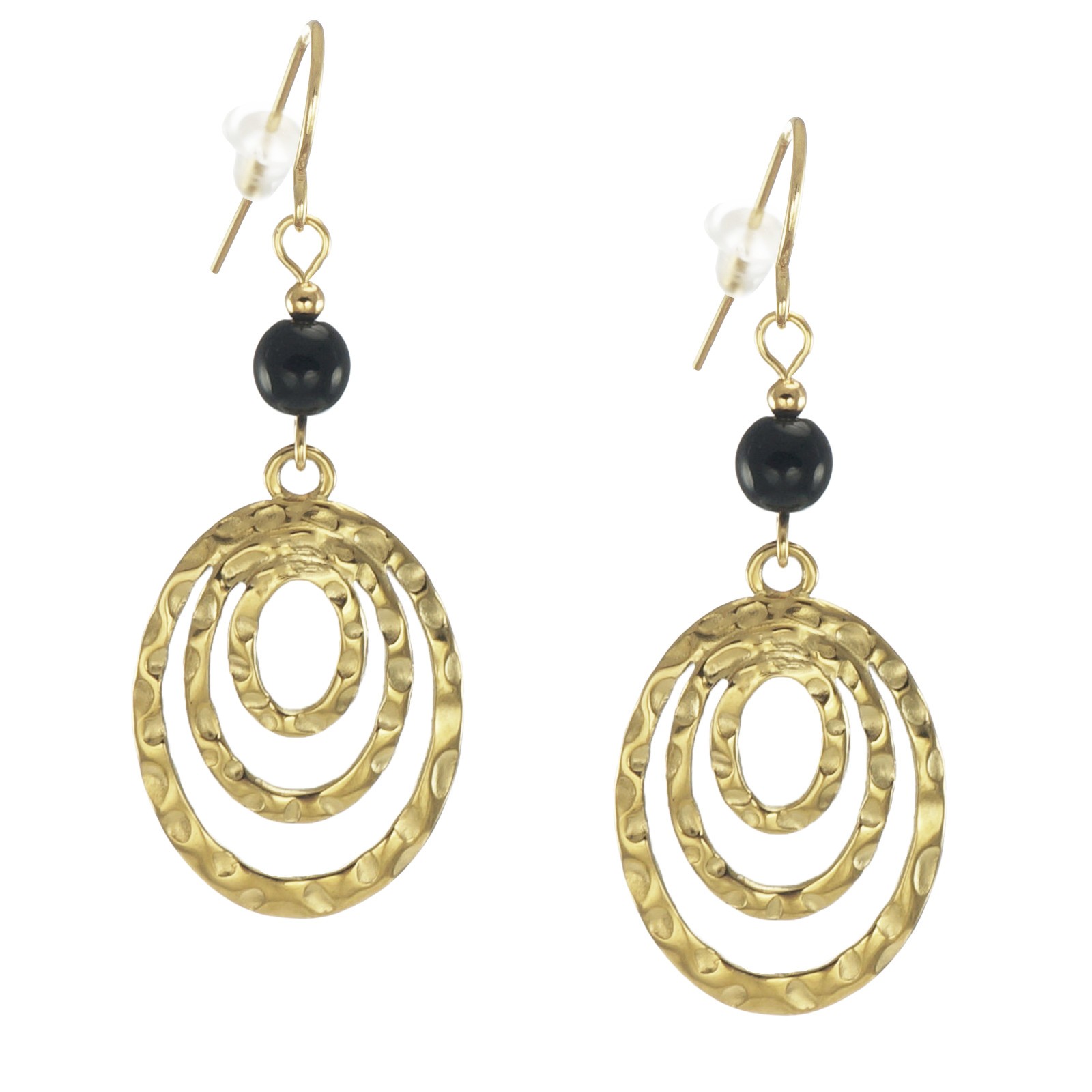 Gold or Silver Oval Hammered Drops with Black Beads Earrings, Hypoallergenic