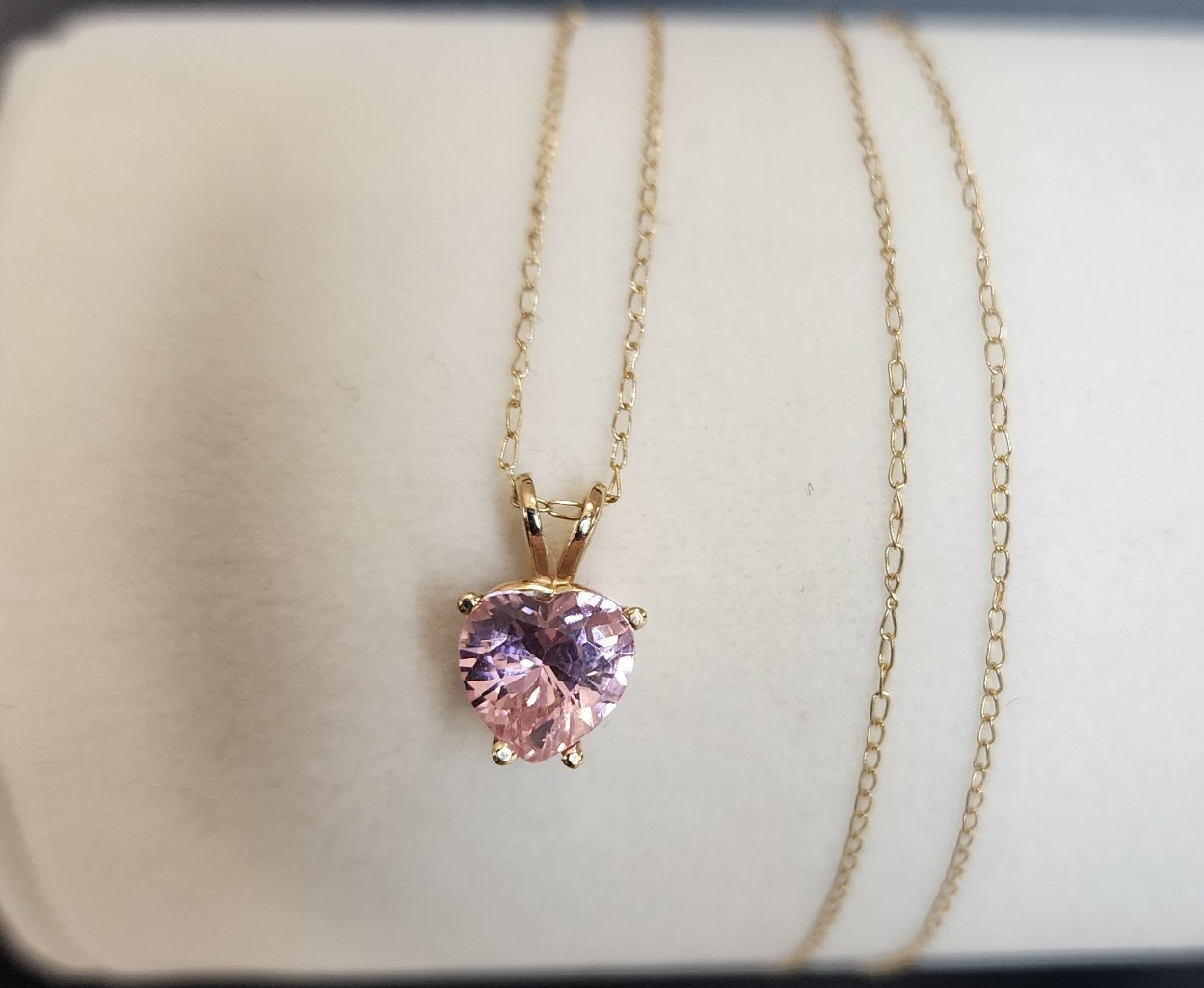 14k Yellow Gold Heart Pink Gemstone Pendant Necklace Cable Chain 46 cm