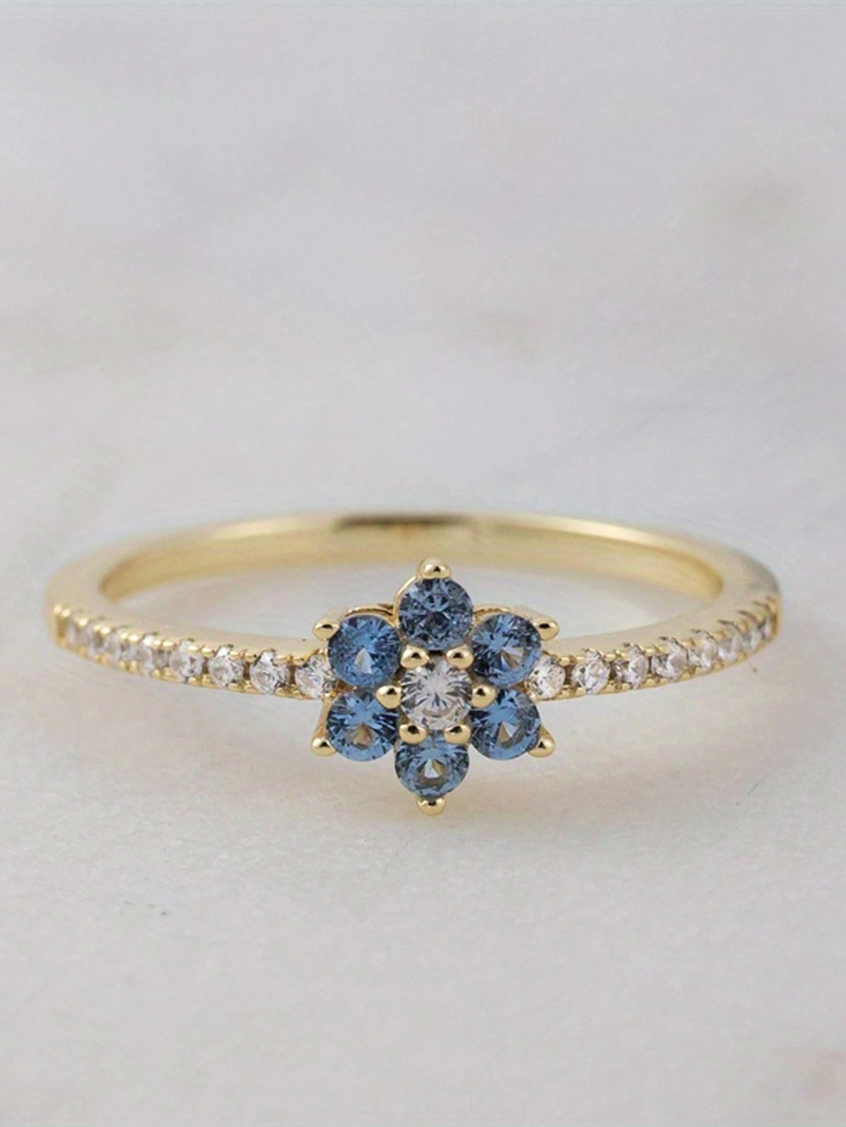 Dainty Blue Flower CZ Promise Ring Gold Tone Floral Engagement Band Women