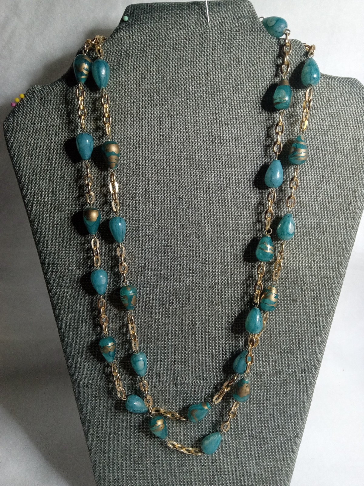 Vintage Double Strand Necklace Womens Turquoise & Gold Swirled 23″ In Length