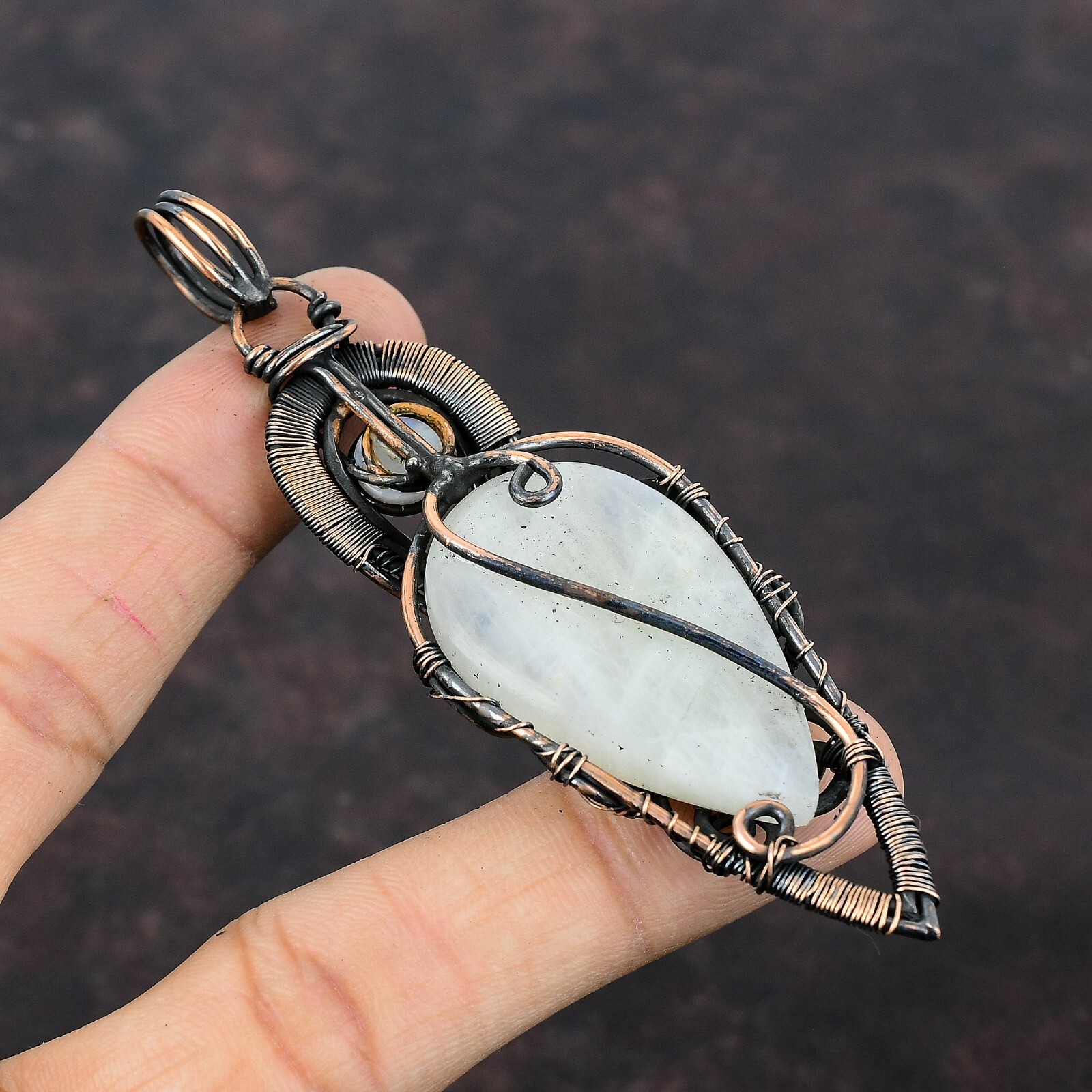 Rainbow Moonstone Wire Wrapped Pendant Handcrafted Copper Unique Gift 3.94″