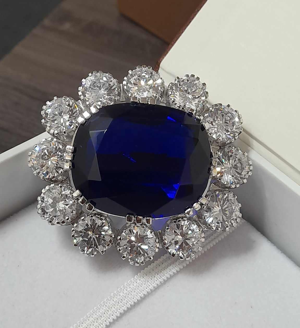 Lab Blue Cushion Cut Halo Fine 925 Silver Brooch Queen Victoria Inspired Jewelry