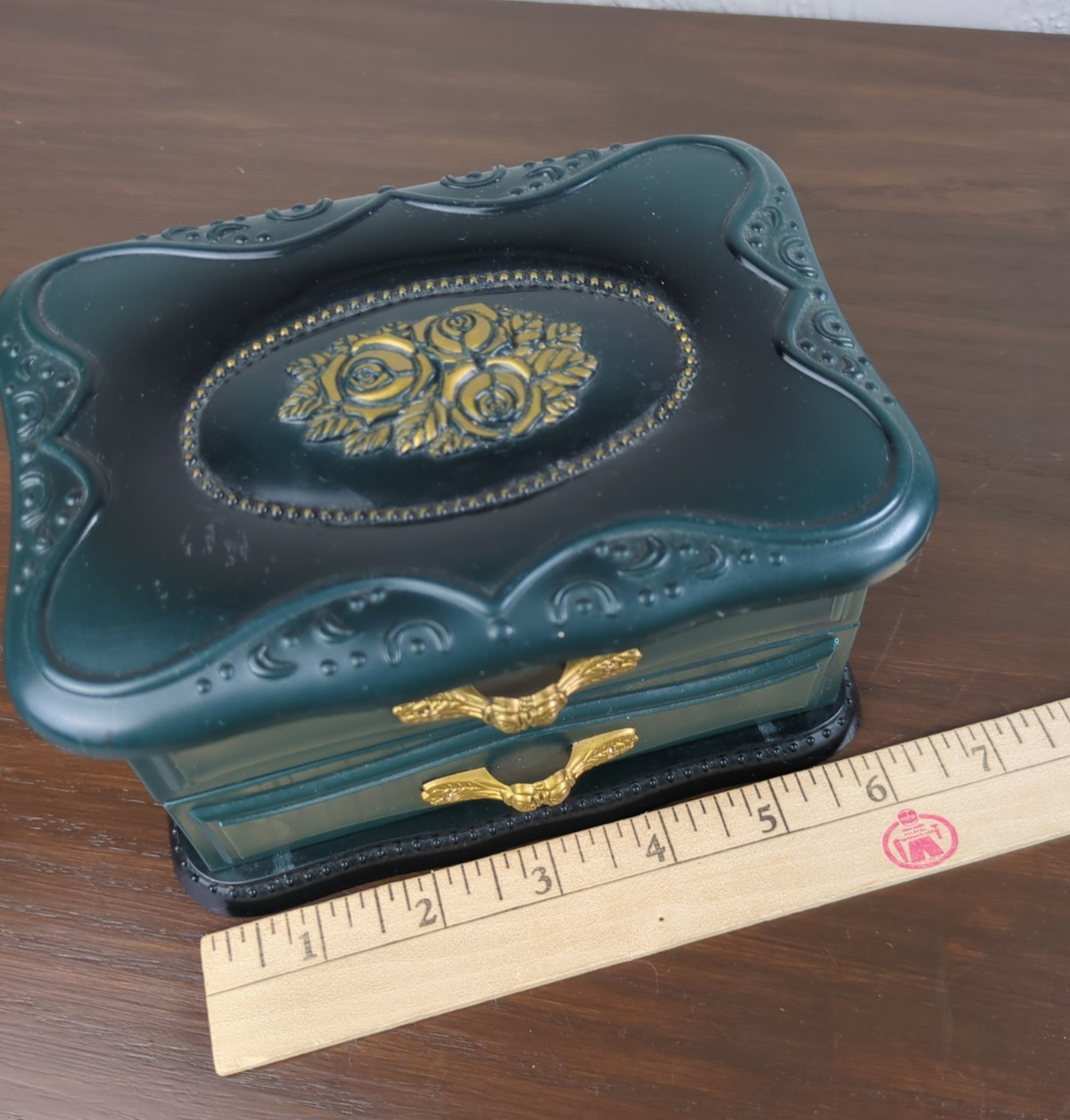 Plastic Table Top Dresser Drawer Jewelry Box Dark Green Gold Florals Paisley Fab