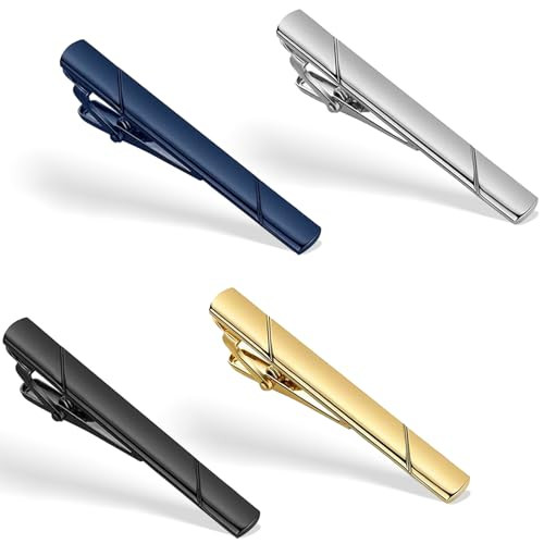 4 Pack Tie Clips for Men – Black, Gold, Blue, and Silver Tie Bar Set for