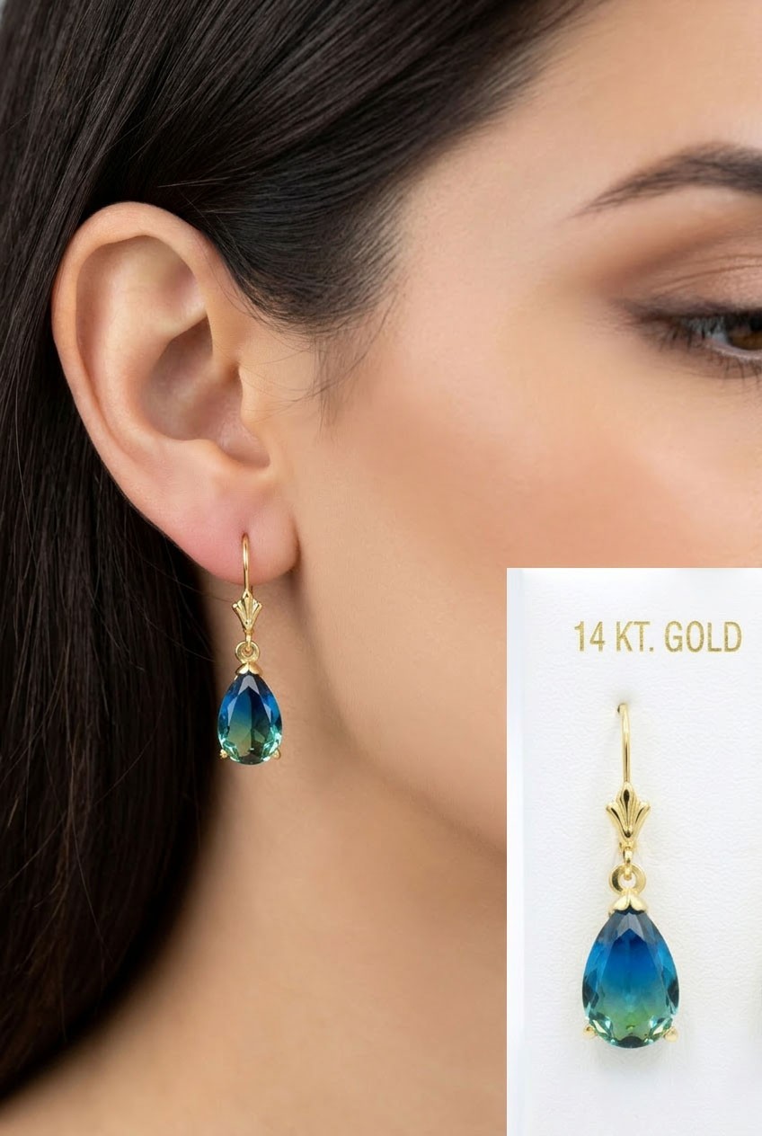 LAB CREATED 6.50 Cts TOURMALINE DANGLING EARRINGS 14k GOLD – New With Tag