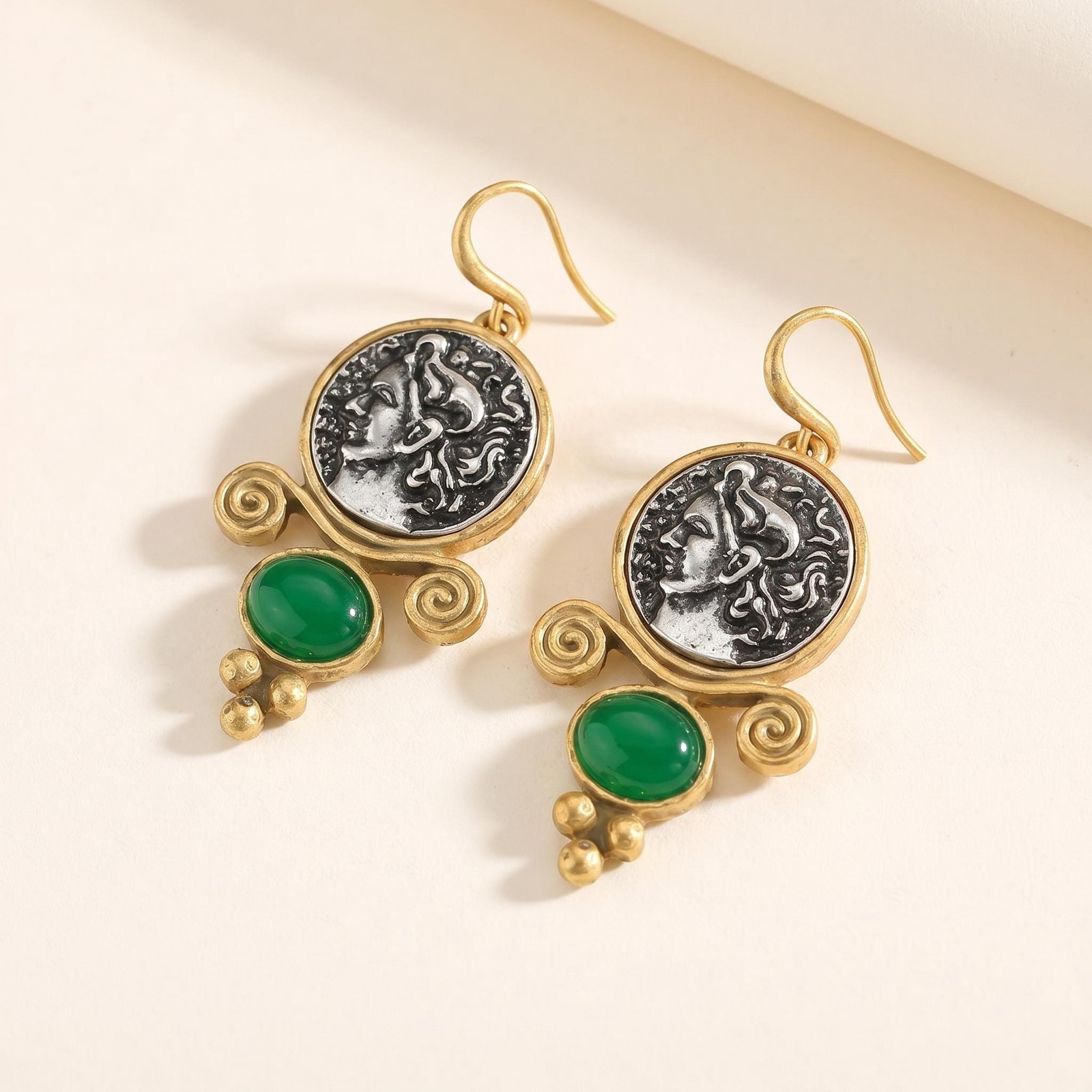 Roman Coin Drop Earrings Gold Antique Green Agate Vintage Portrait Dangle Hook