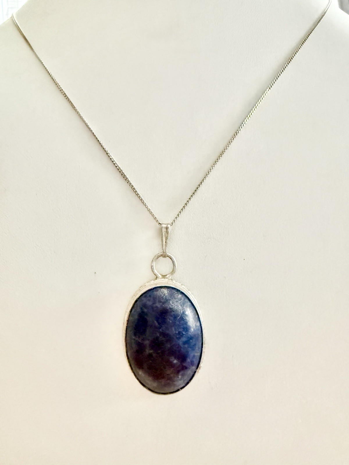 Vintage 925 Sterling Silver & LAPUS LAZULI 1.5” Cab Pendant 18” Necklace 7.68g