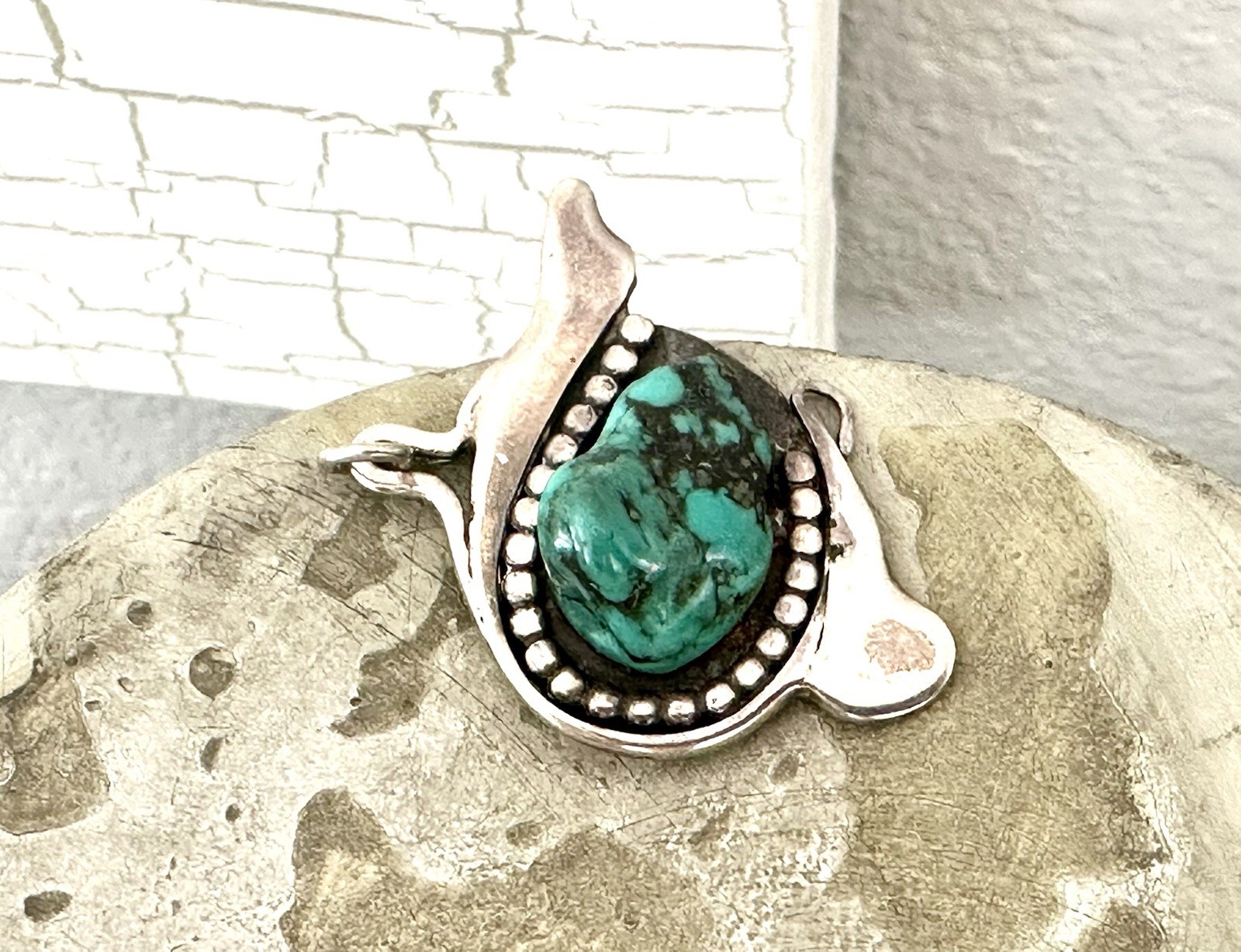 Sterling Silver 925 Abstract Turquoise Vintage Modernist Retro Pendant Handmade