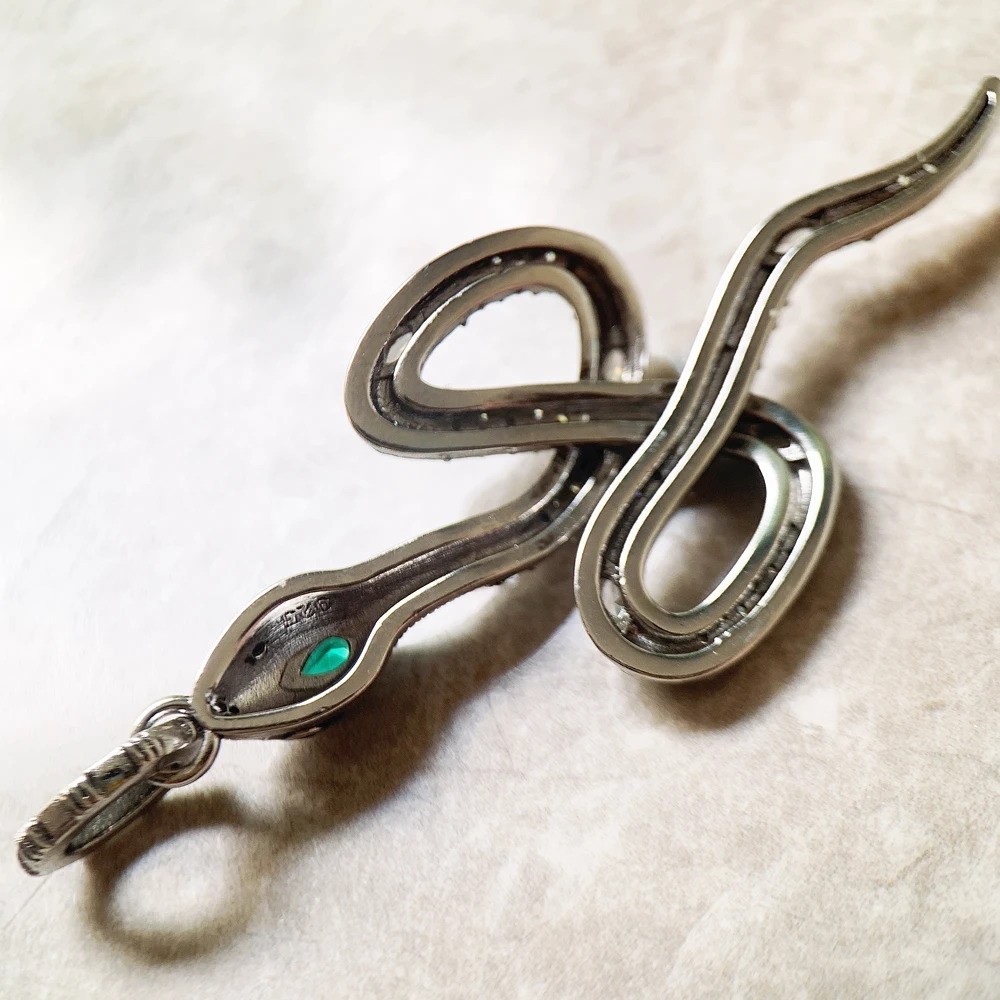 Snake Serpant Turquoise CZ Pendant 925 Sterling Silver 2.8 Inches Long