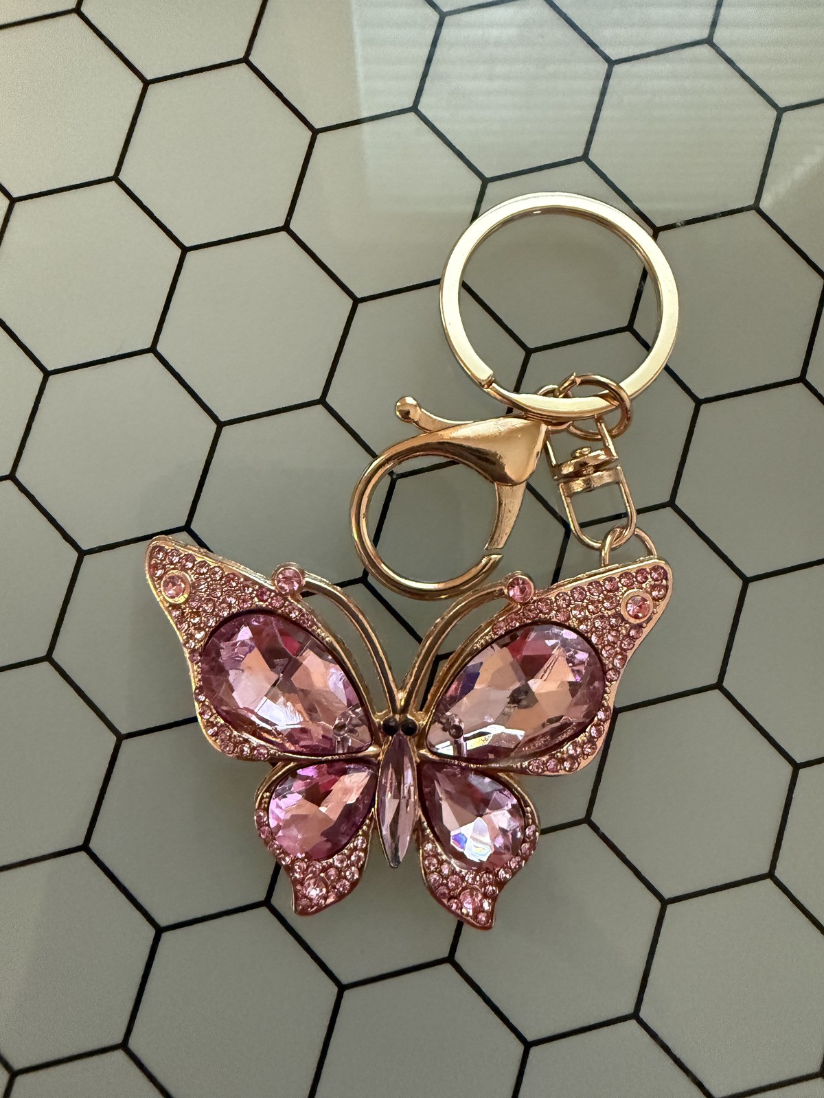 Pink Crystal Butterfly Keychain with Gold-Tone Hardware