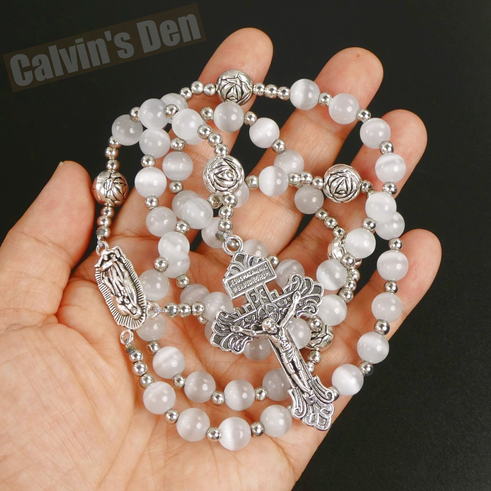 Our Lady Of Guadalupe Crucifix Rosary Necklace White Cat’s Eye Bead Men Women