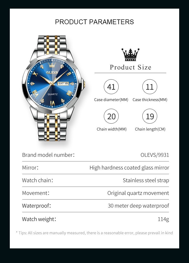 OLEVS Men’s Waterproof Quartz Watch with Luminous Dial, Date, and Day Display