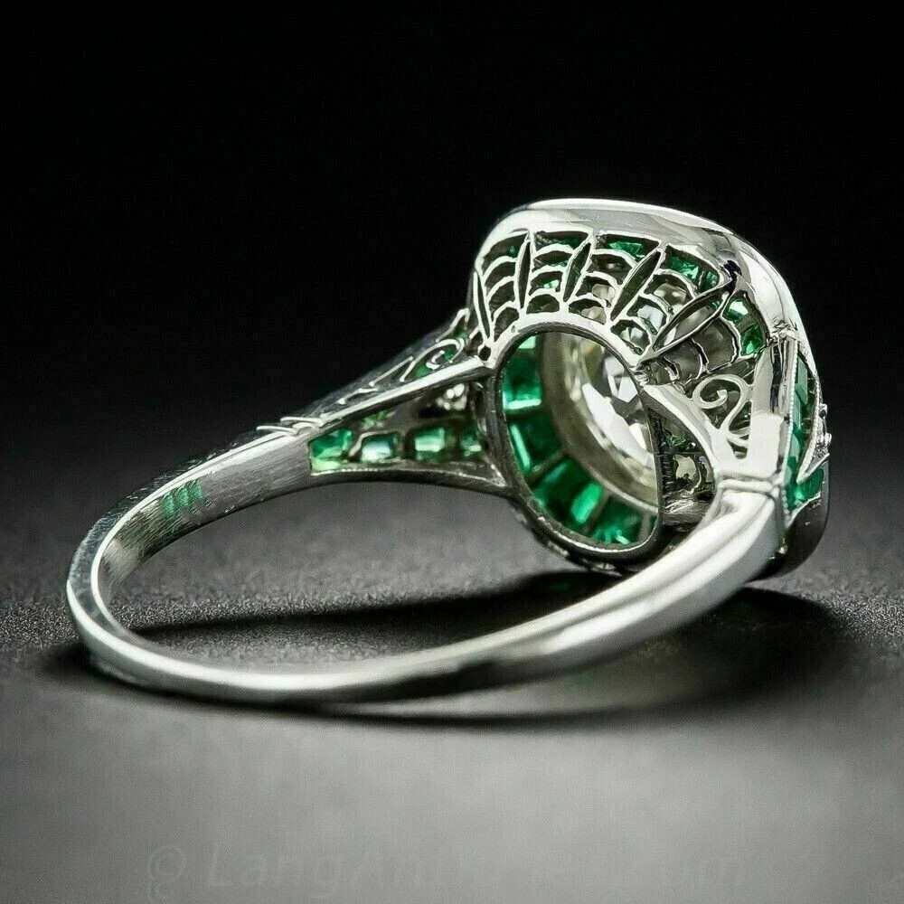 Art Deco Style Lab Created Diamond & Emerald Engagement 14k White Gold FN Ring