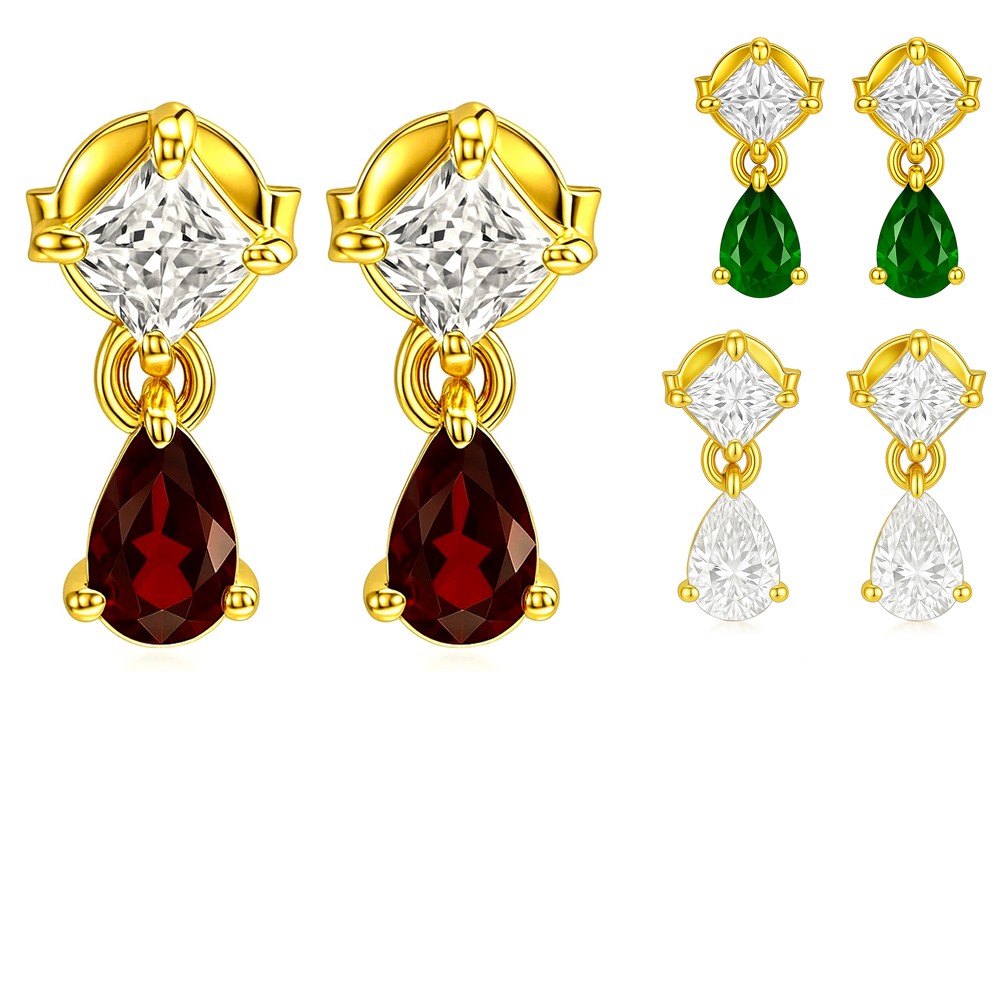 18K Gold Plated Teardrop & Princess Cut Gemstone Earrings, Chic TGE1046