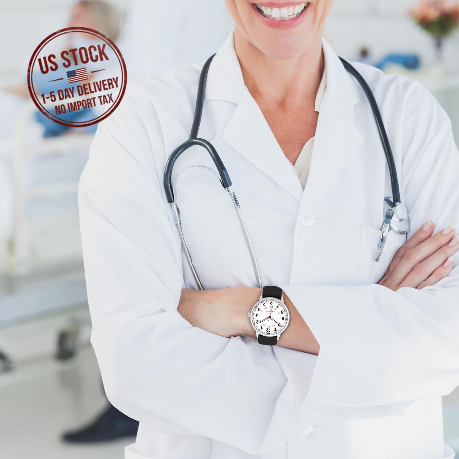 Waterproof Nurse Watch for Women Analog Silicone Watch with Second Hand Black