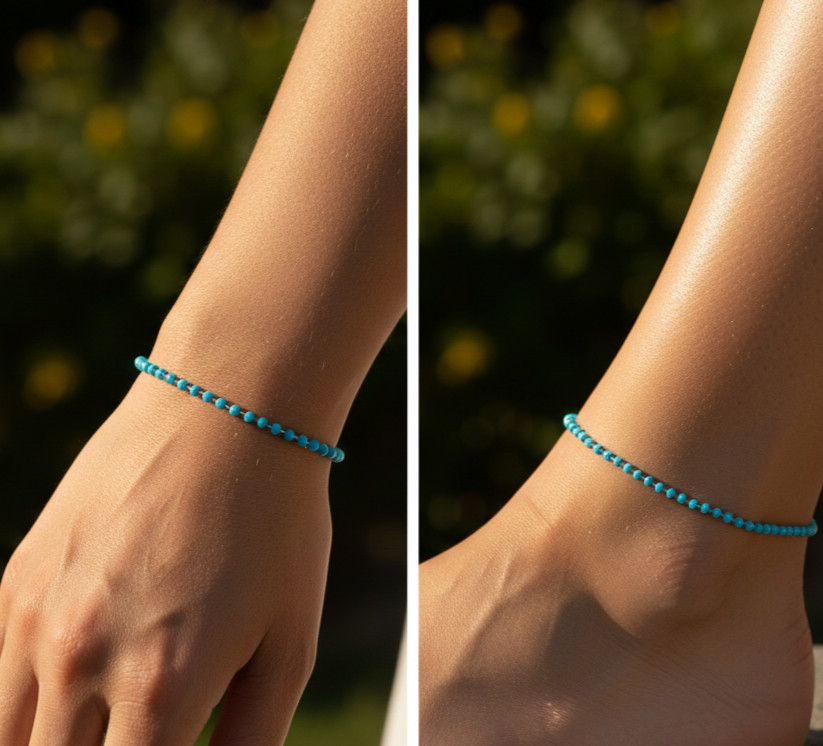 Elegant Turquoise Beaded Anklet 925 Silver Plated Minimalist Chain Blue Stone