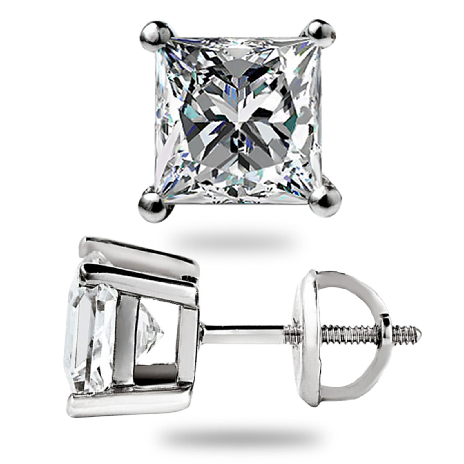3.0 Ct Princess Cut FL/D GRA Moissanite Stud Earrings 14K Solid White Gold Gift
