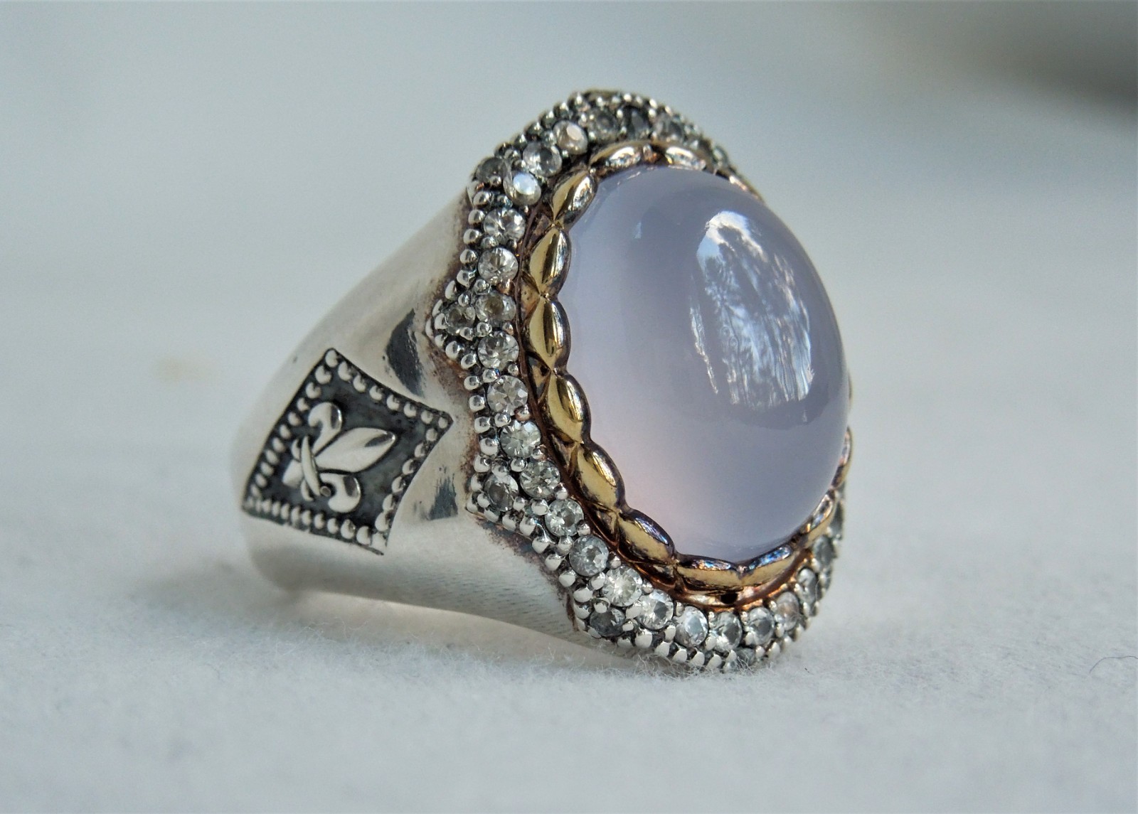 Scott Kay Blue Chalcedony & White Sapphire Gold Vermeil & Silver Ring sz7 $795