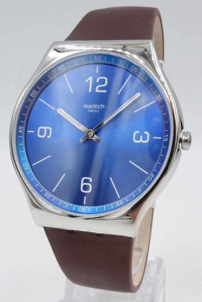 New Swiss Swatch SKINWIND Brown Leather Stainless Steel Watch 42mm SS07S101 $190