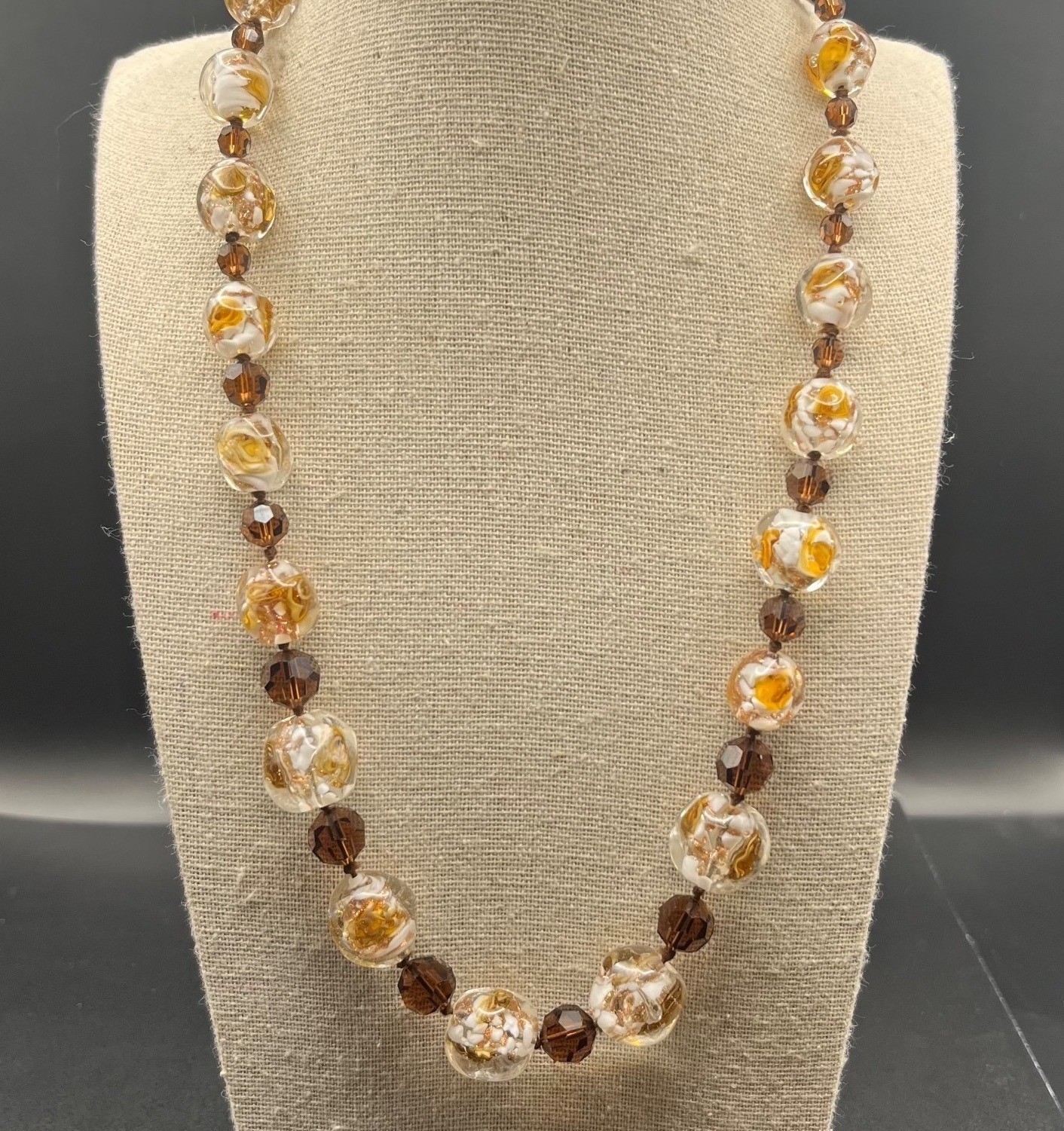 Vintage Art Glass Necklace Gold Foil Beads Lamp Work Smoky Brown Spacers 20″ WOW