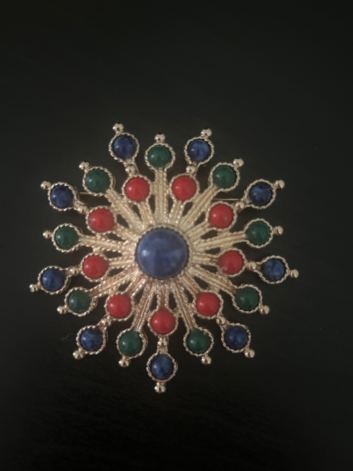 Vintage Pin/Brooch Sarah Coventry Carnival Gold Blue Red Green 2 1/2″ 1970s
