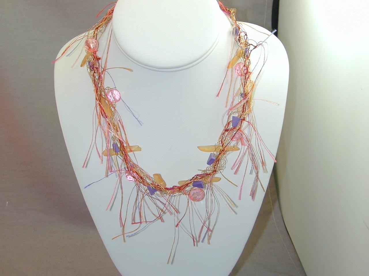 Artisan Wire Wrapped Silk Fiber Glass Bead Necklace Sterling 20″ NWOT