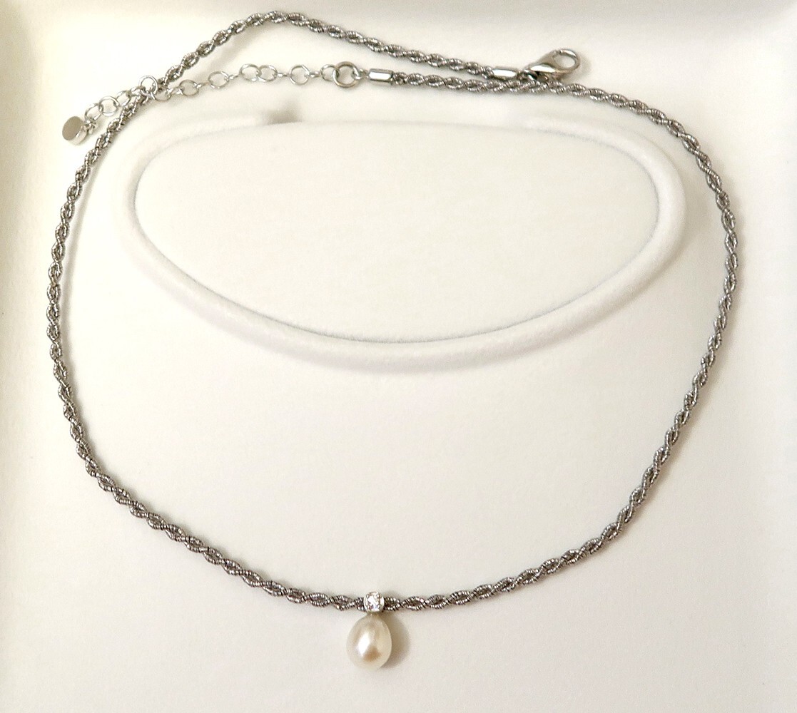 925 REAL SILVER RHODIUM PLATED *** Pearl Necklace Chain Choker 42-47cm