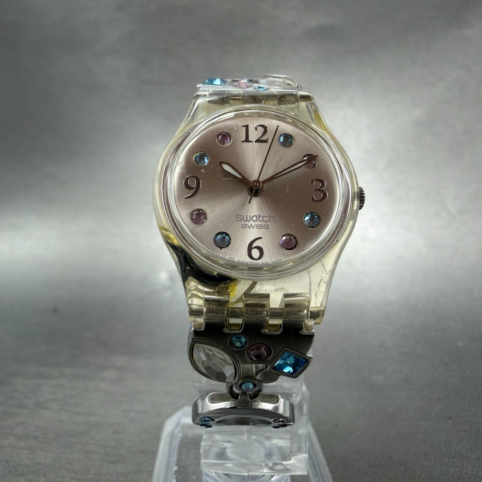 Swatch Menthol Tone Watch Women 25mm Silver Dial Clear Case LK292G New BatteryJK