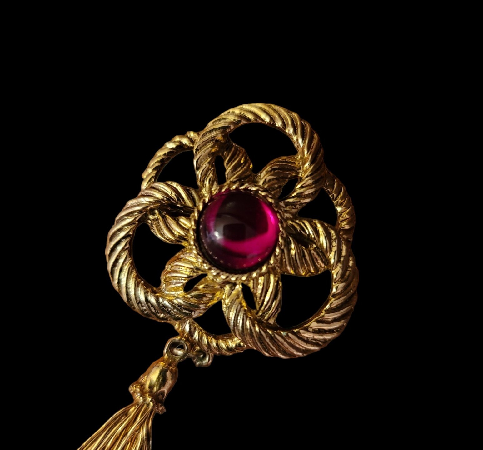 Vintage Rope and Tassel Brooch Pin Red Pink Stone 3.5 Inches Long Gold Tone