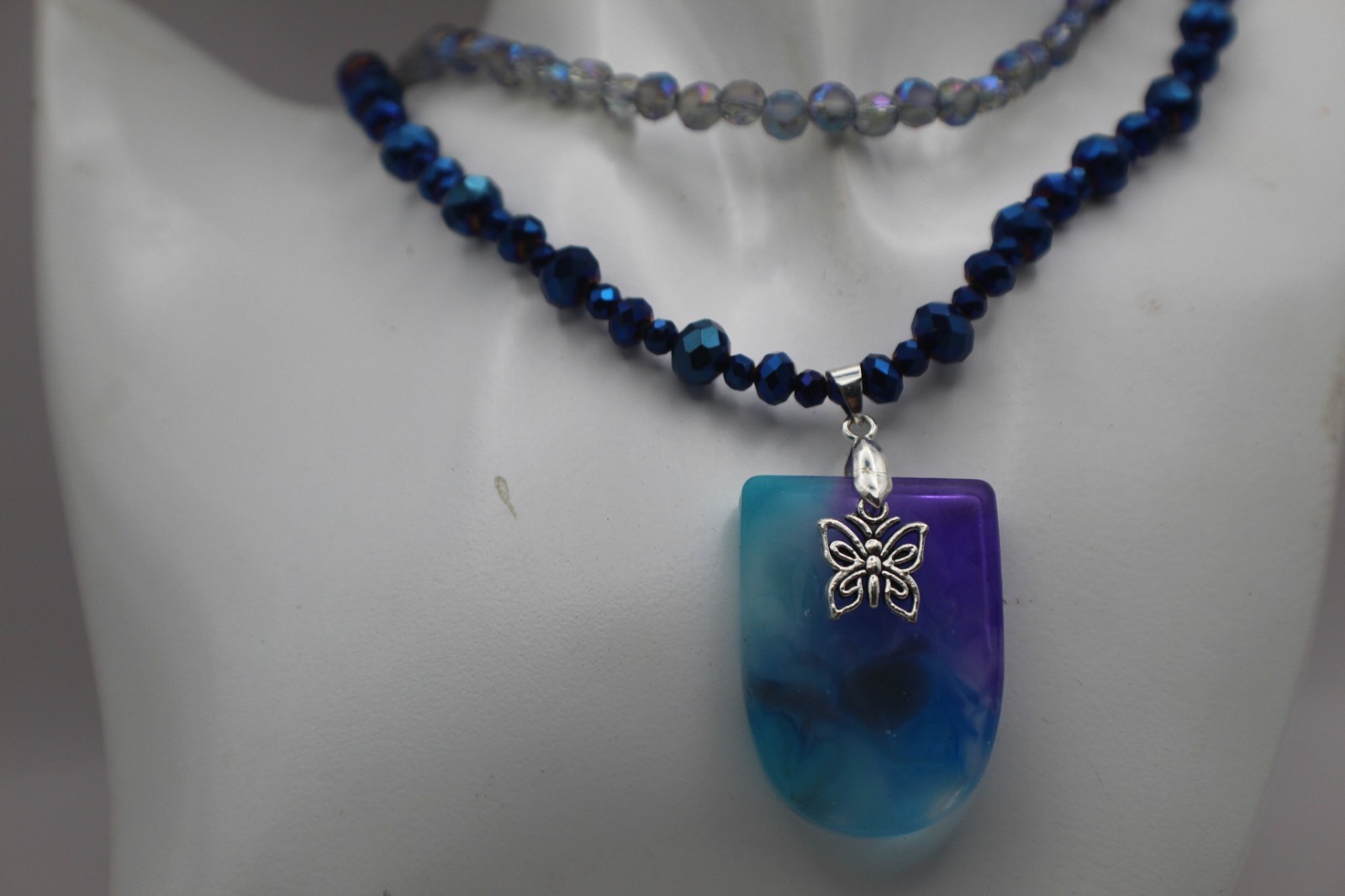 Beautiful Butterfly And Resin Pendant With Matching Beaded Earrings