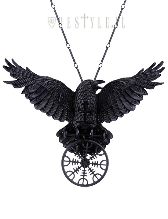 Restyle Helm of Awe Raven Pendant Nordic Talisman Black Crow Healing Necklace