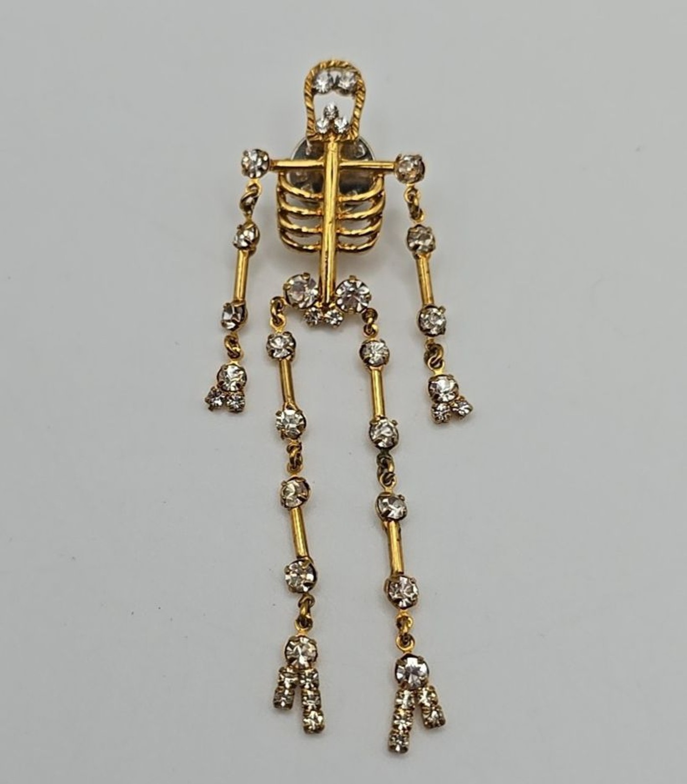 Gold Tone & Crystal Rhinestone Articulated Skeleton Brooch Pin – 3.5 Inches Long