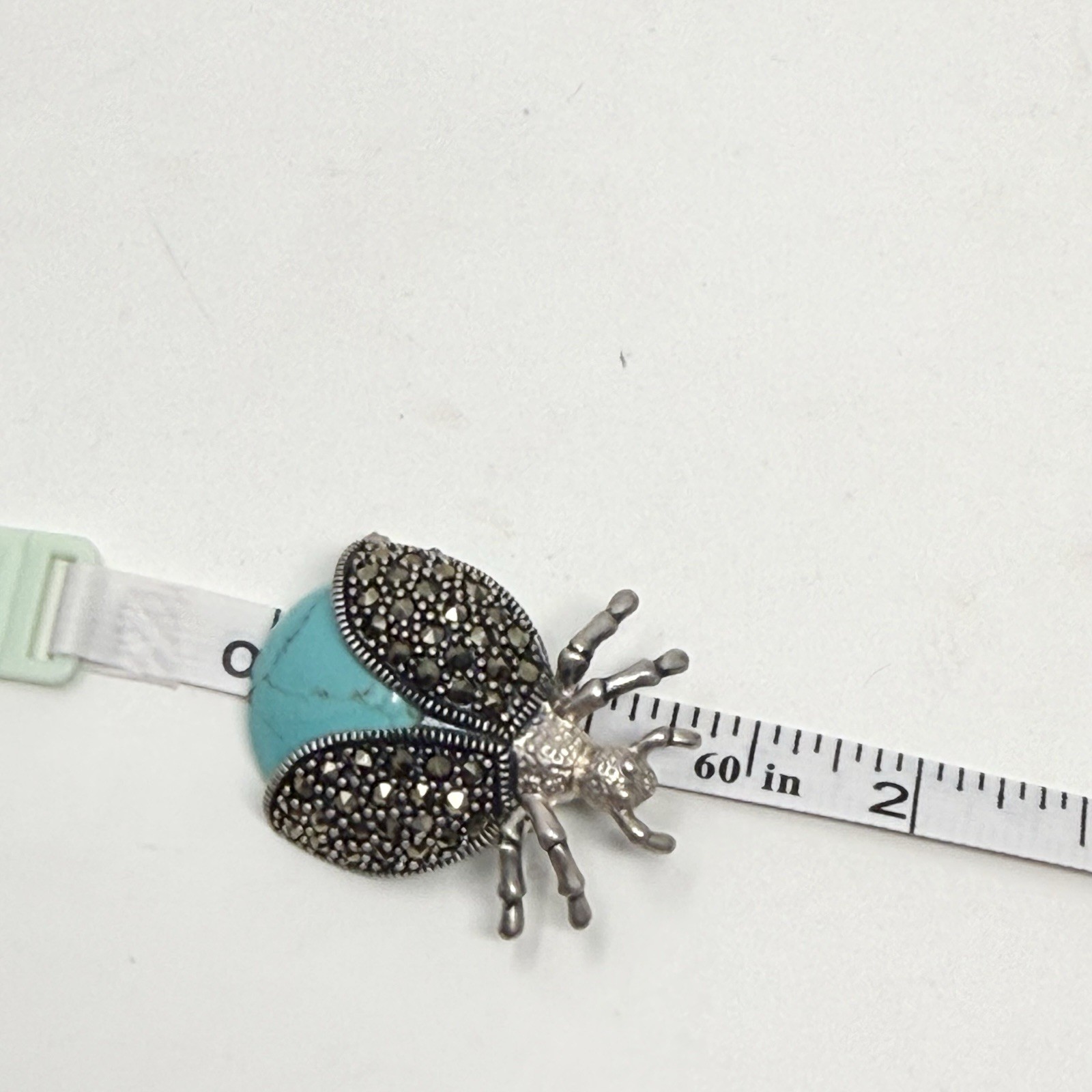 Vintage Sterling Silver Marcasite Bug Brooch Turquoise Cabochon Insect 925