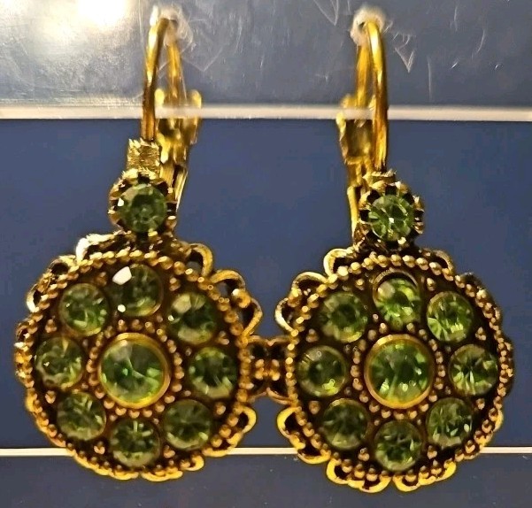 Vintage Inspired Golden Bohemian Style Drop Earrings with Green Colored Stones