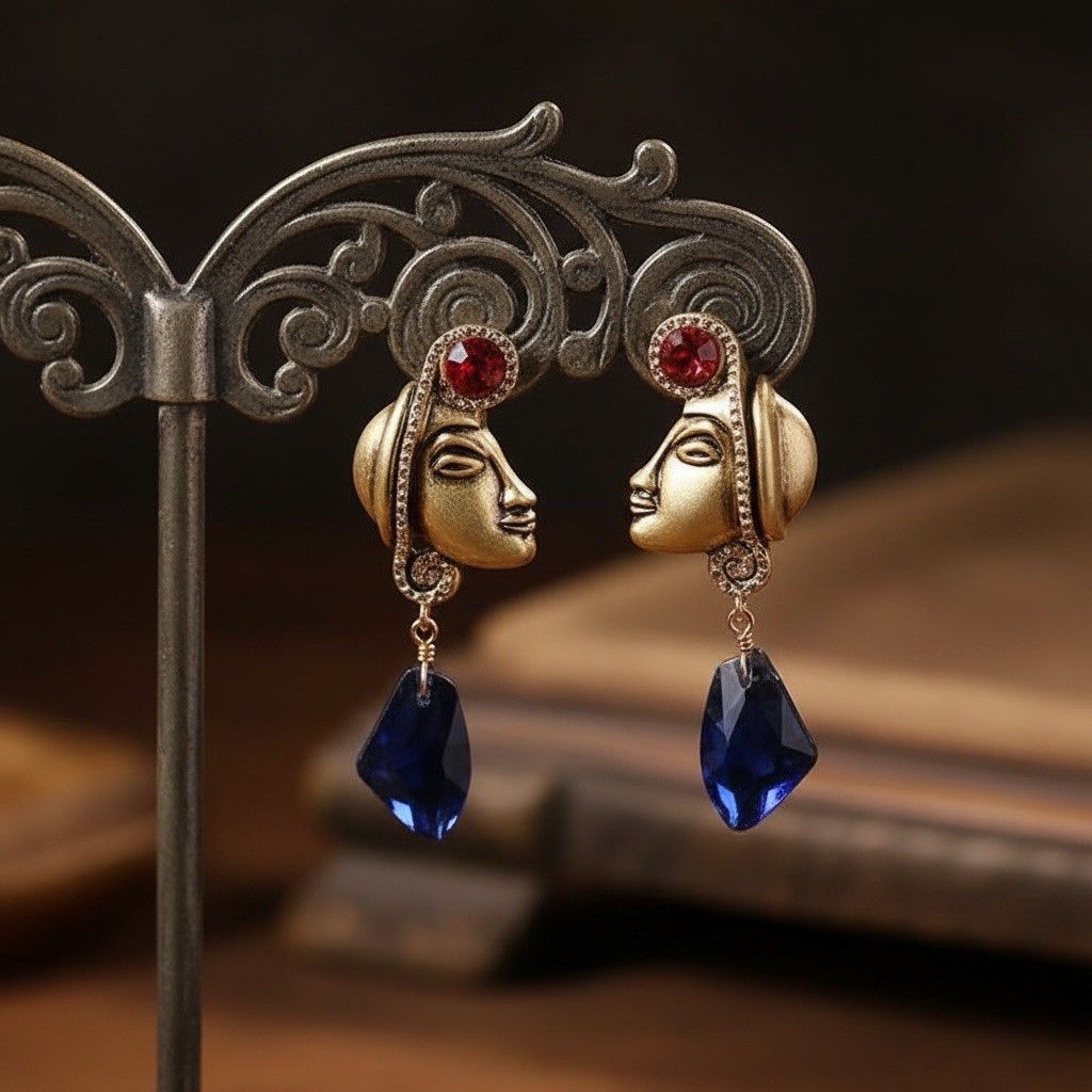 Museum Earrings Native American Indian Ethnic Face Statement VTG CZ Art Stud