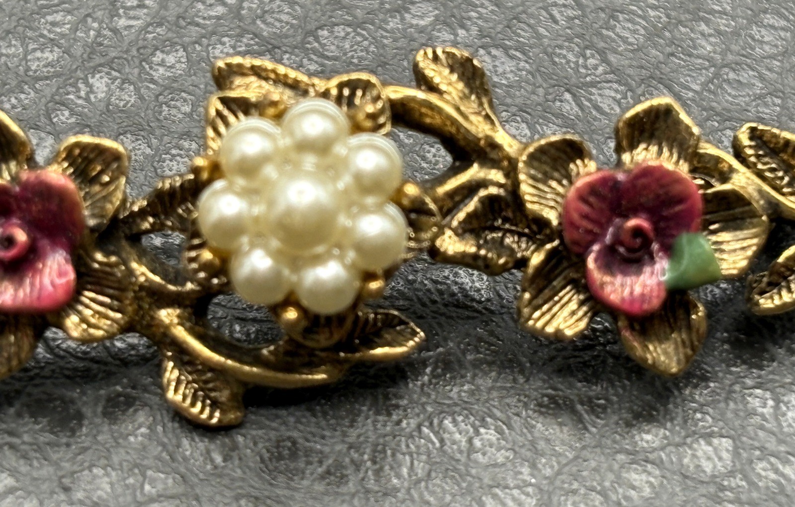 Vintage 1928 Brand Gold Tone Faux Pearl Enamel Floral Bar Brooch Pin Costume