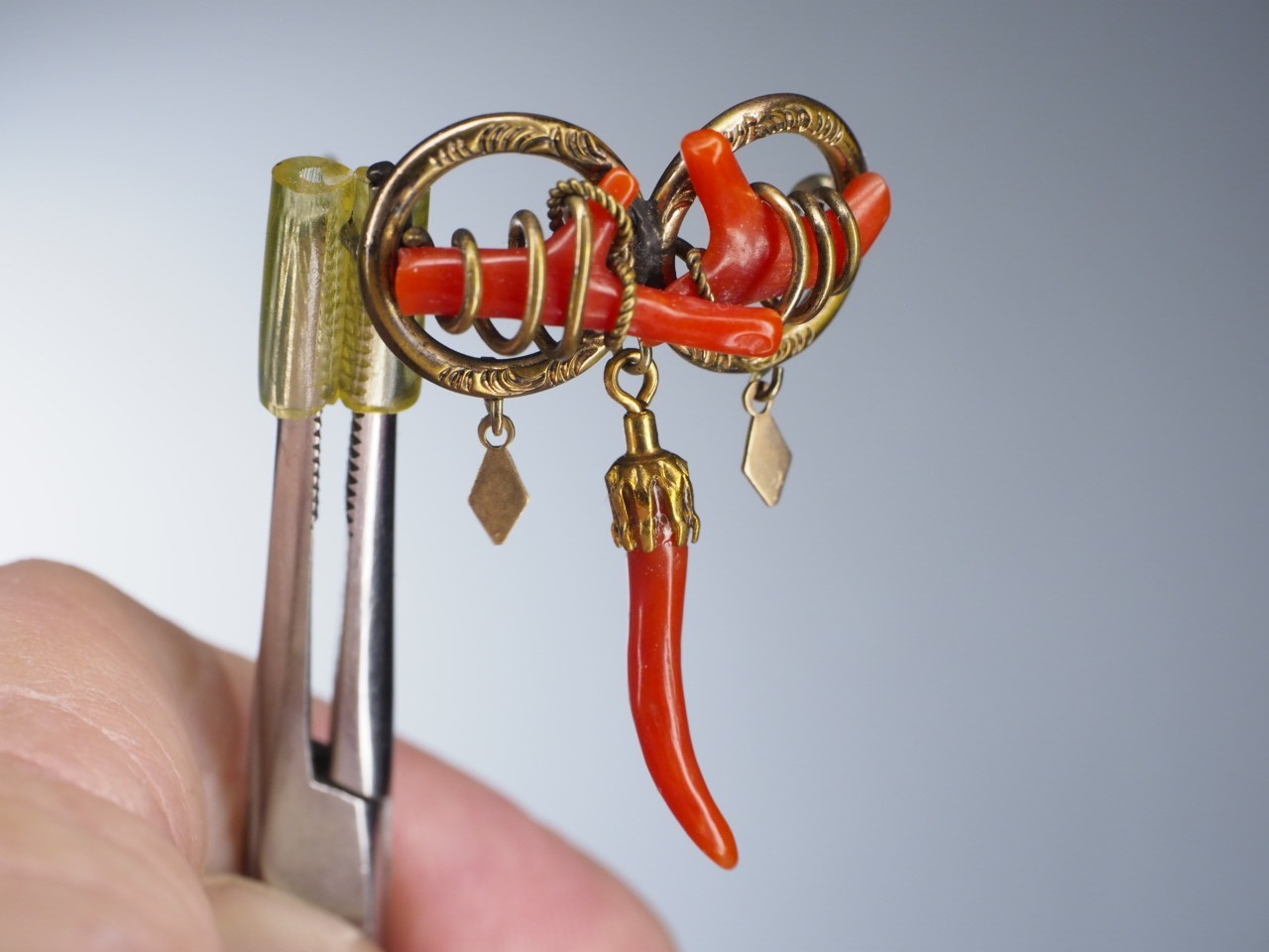 Antique double love knot brooch coral branch pin with dangles C-clasp jewelry