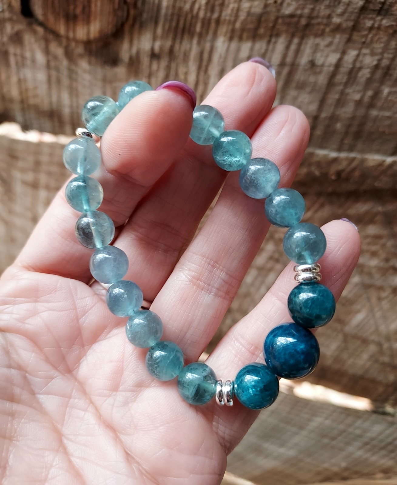 Blue Fluorite Bracelet With Blue Apatite, One Of A Kind Crystal Healing, 6.50″