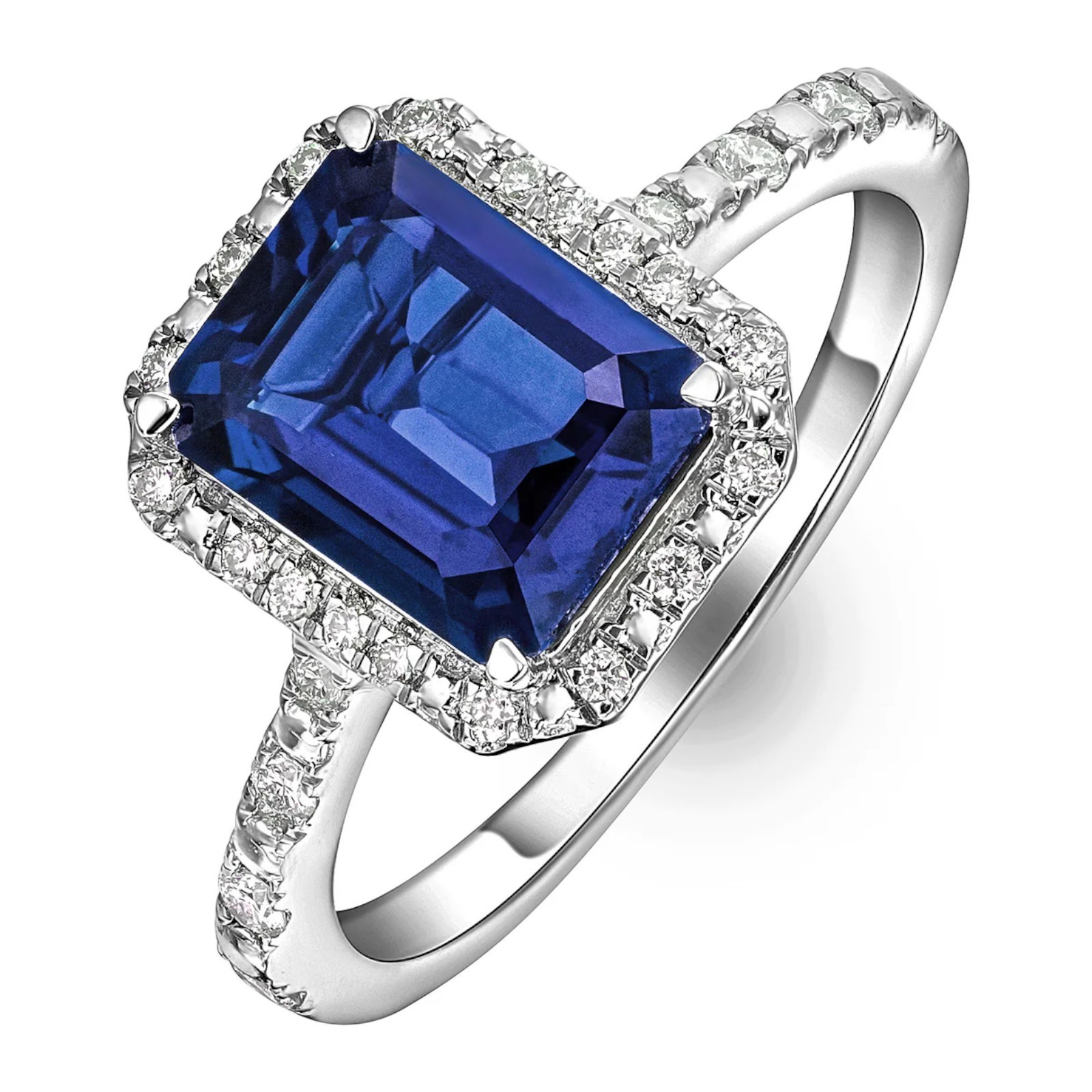 Emerald Cut 3.25 Ct Lab Created Diamond Women Ring Blue Sapphire 14K White Gold