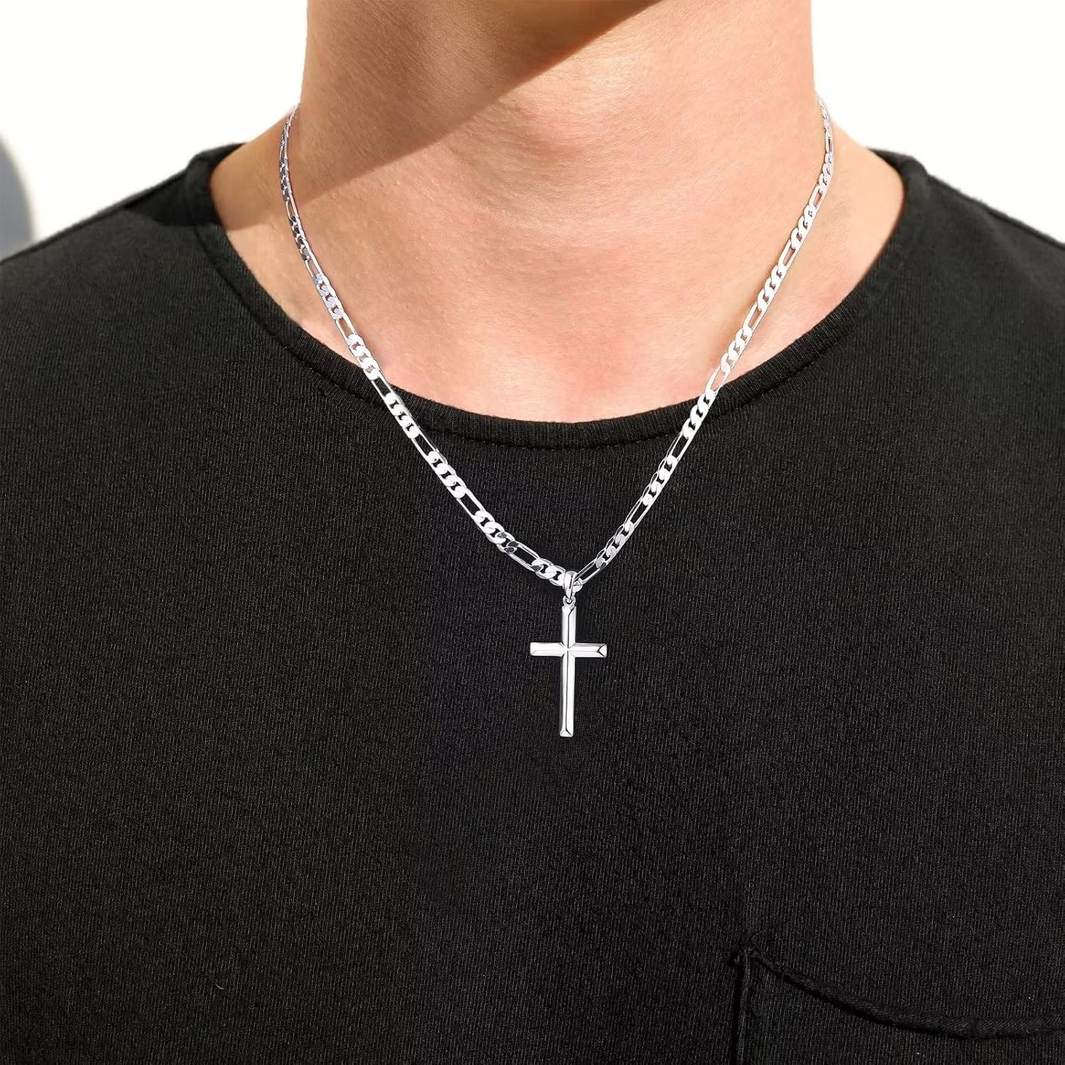 Ursteel S925 Sterling Silver Cross Pendant for Men, 16-24 Inch Figaro Brass