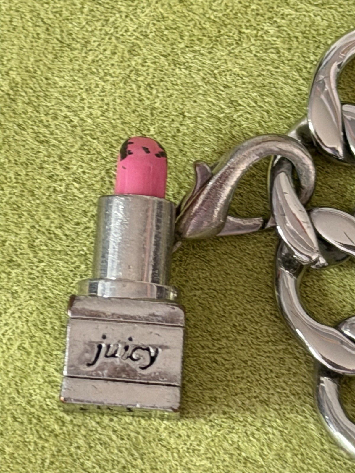 Juicy Couture Signed Silver/Pink Curb Link Charm Bracelet Toggle Crystal Enamel
