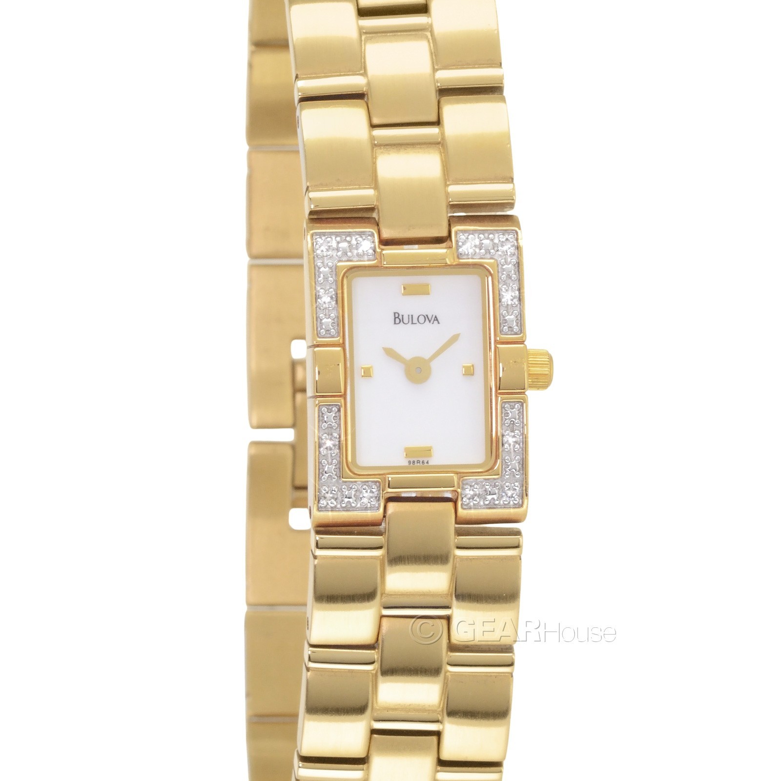 BULOVA Womens 12 Diamonds Dress Watch, White Dial, Gold Stainless Steel Band