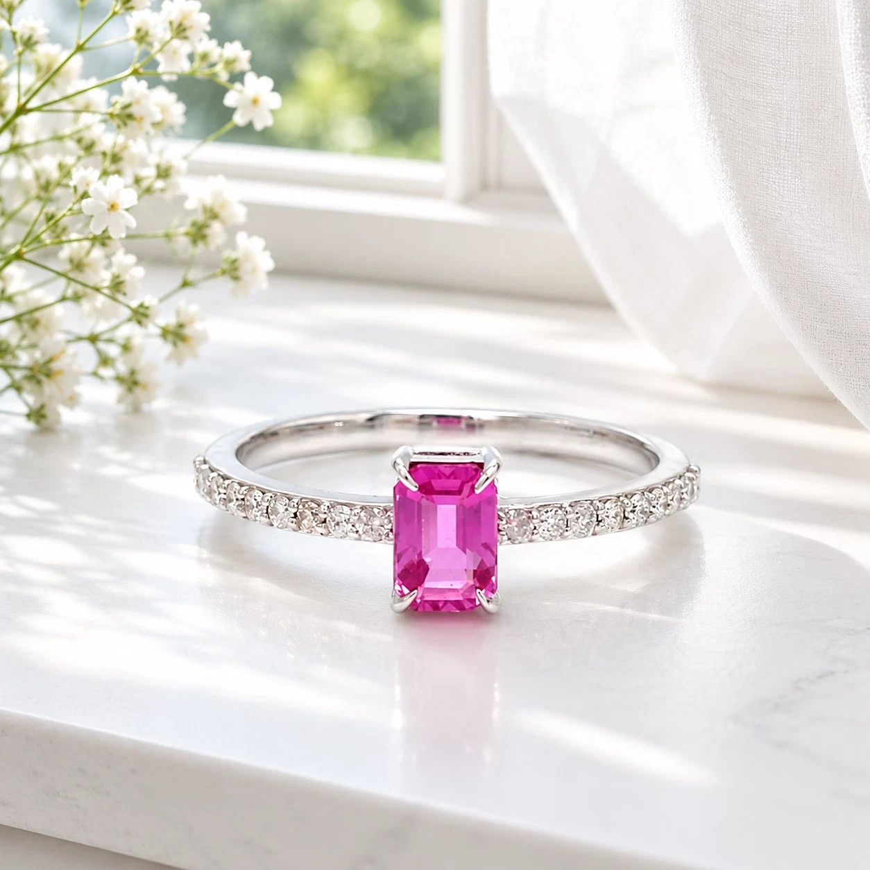 4.20 Ct Natural Pink Sapphire Diamond Engagement Ring 14k Solid White Gold 6 7 8