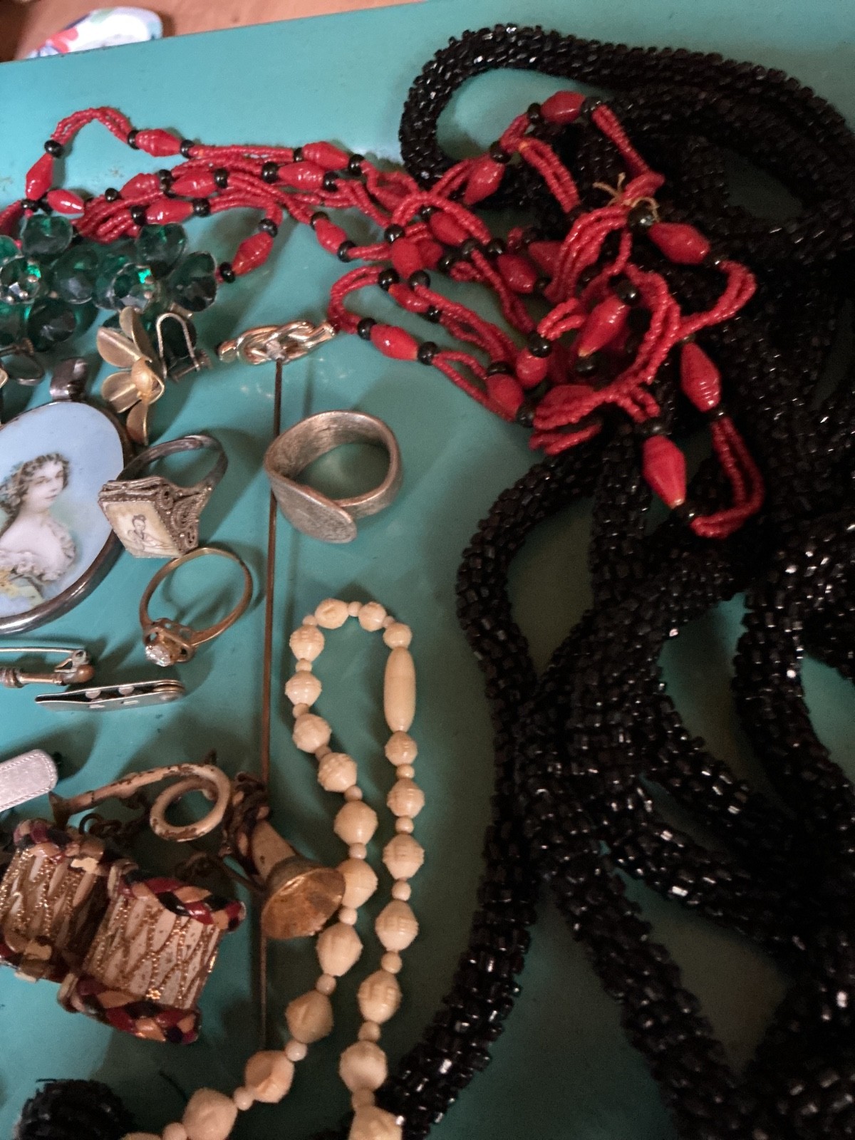 Lot WEARABLE Antique Jewelry Necklaces rings pins clips earrings pendants etc.