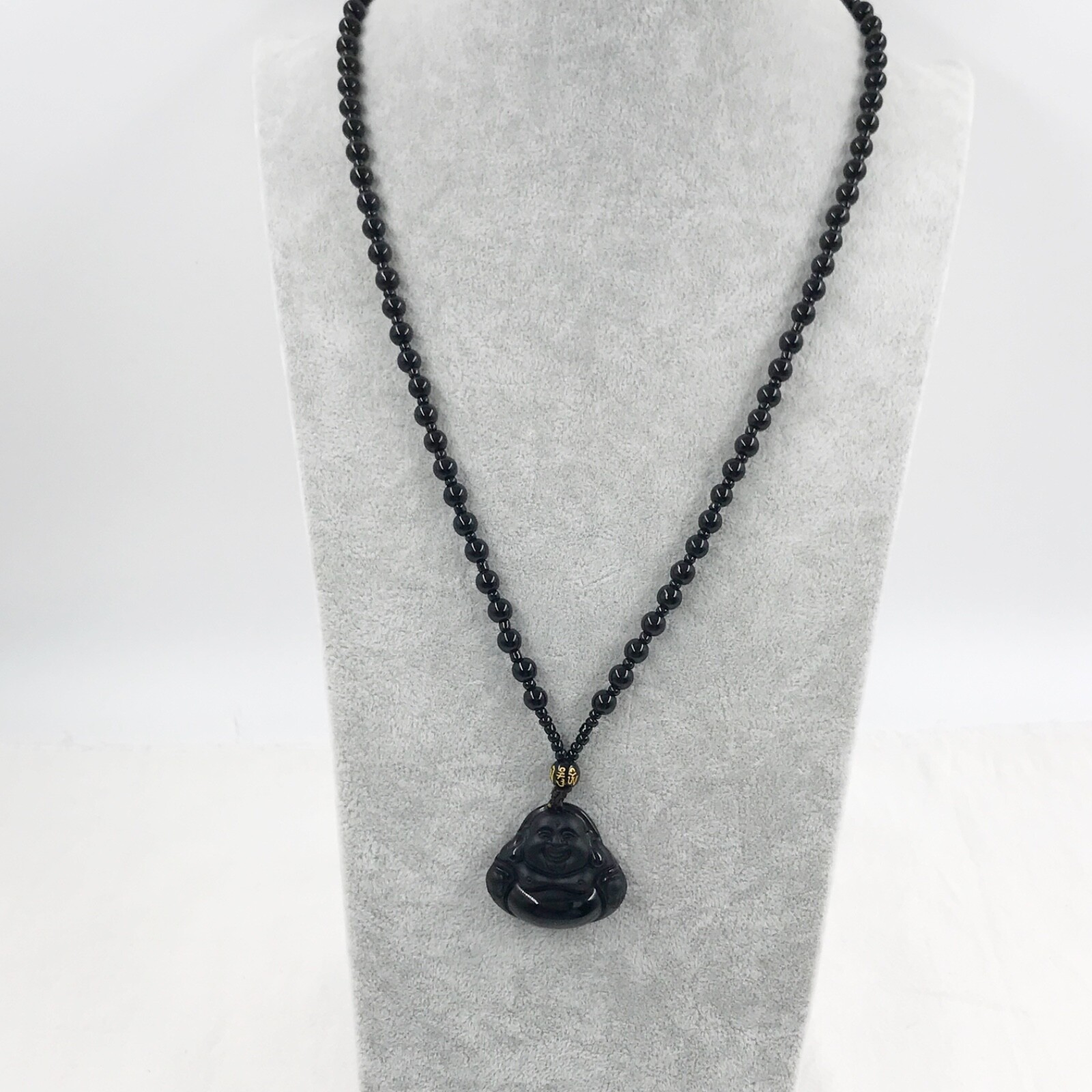 Natural obsidian laugh buddha Amulet crystal necklace with adjustable bead chain