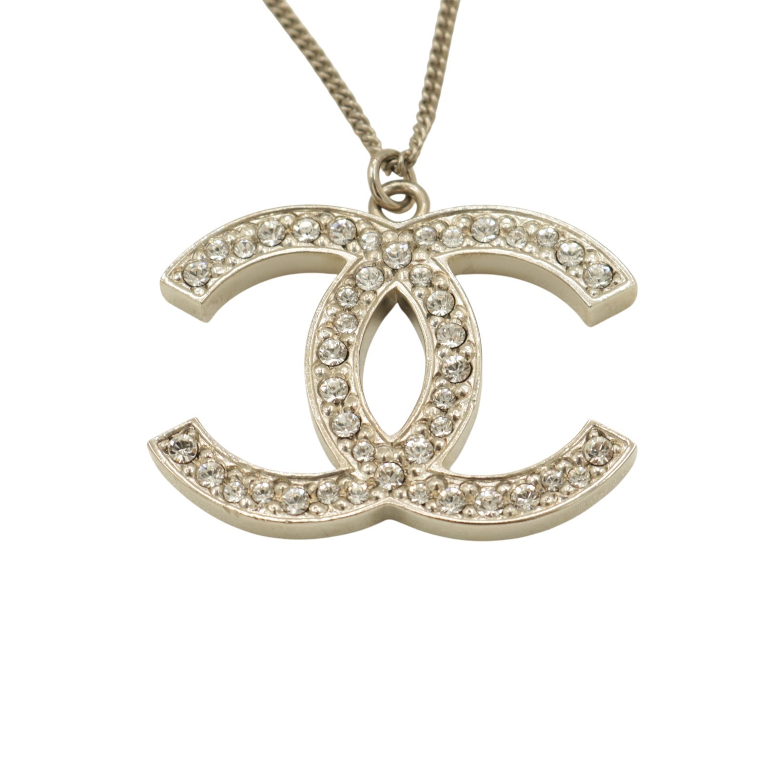 Auth CHANEL Coco Mark CC Logo Rhinestone Pendant Necklace Silver Tone
