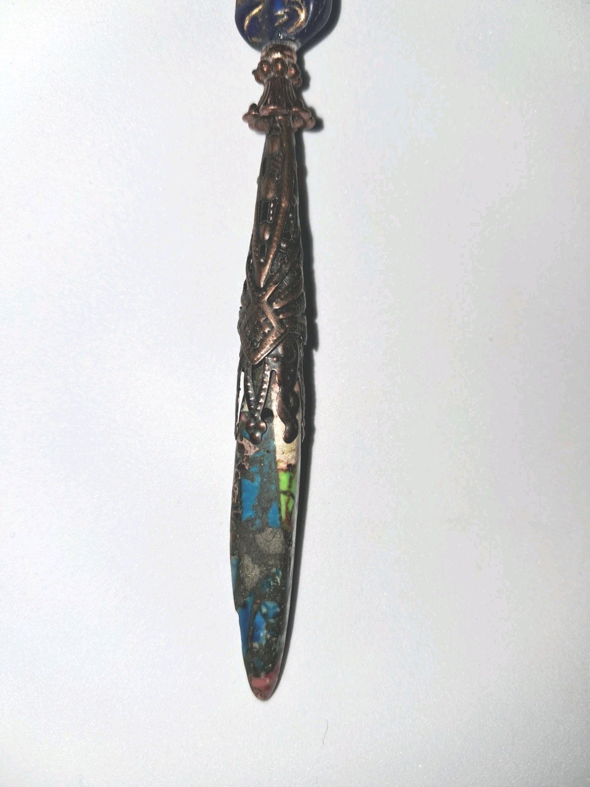 MALACHITE AZURITE Bead & Blue Glass Moon Face Bead PENDANT Sea Sediment Jasper
