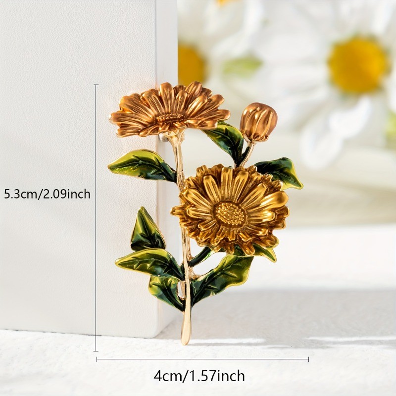 3P Elegant Vintage Gradient Daisy Brooches Green Leaf Anti-Slip Floral Pins