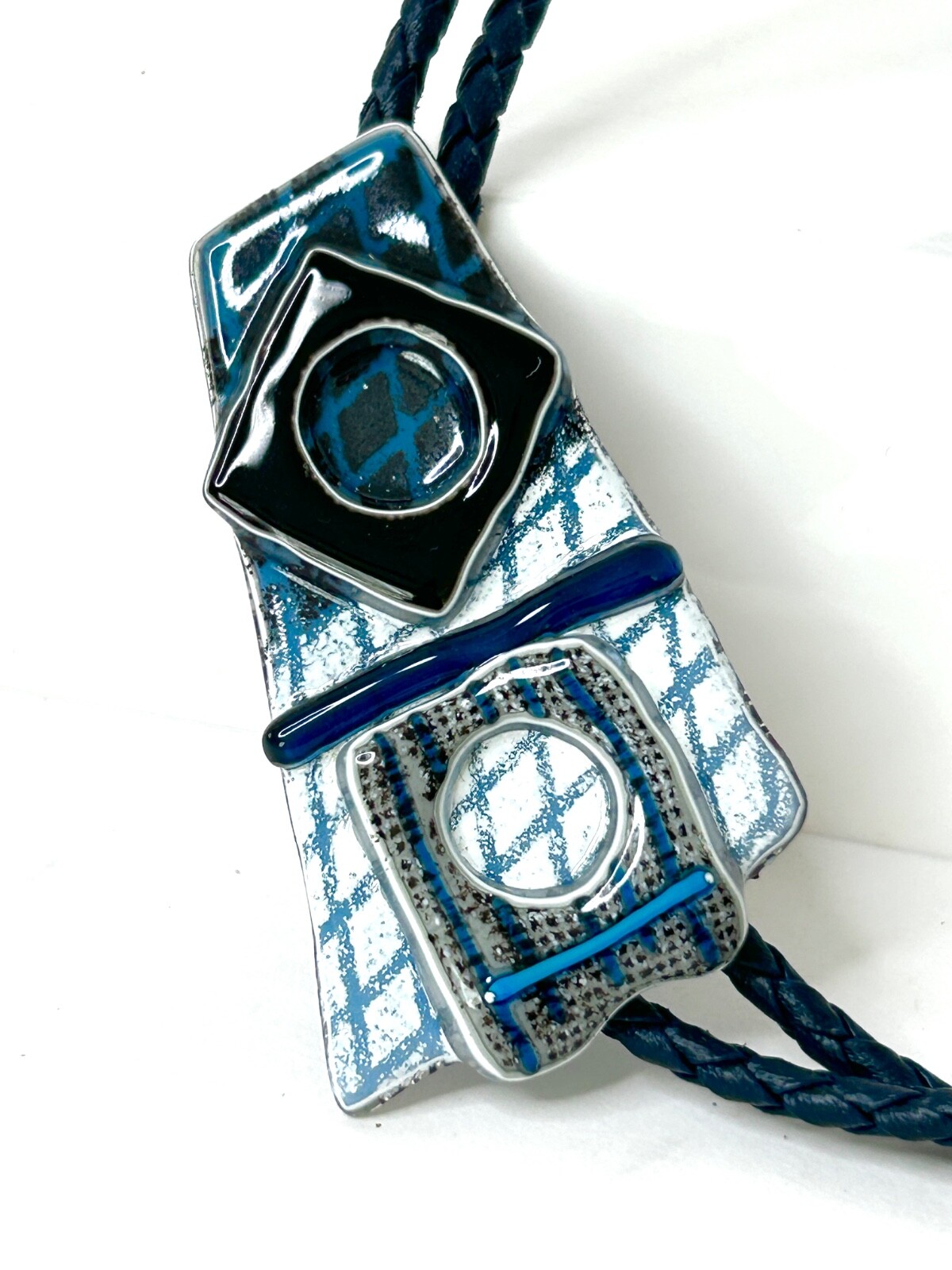 Bolo Tie Ceramic or Porcelain Abstract Art on Dark Blue Leather