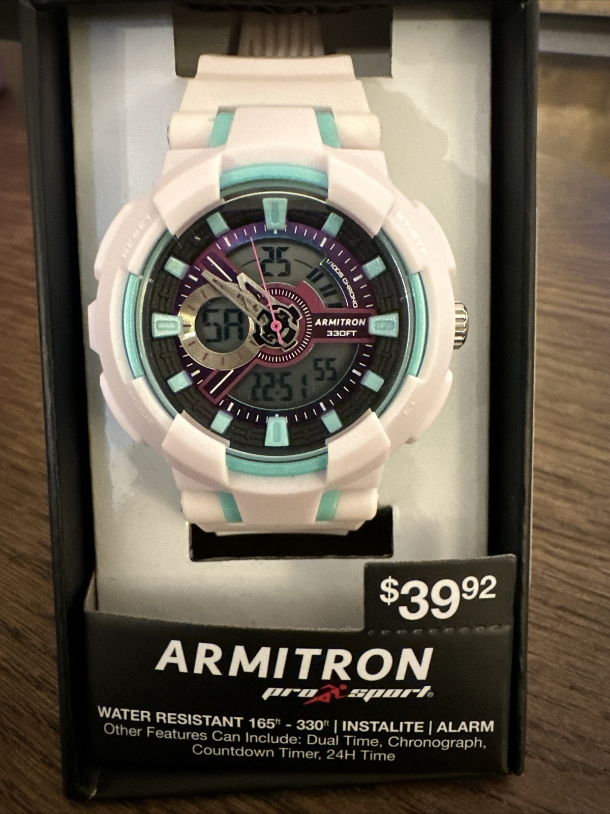 NEW Armitron Pro Sport 25/6451BPKWM 165-330Ft WR , Instalite, Alarm, White